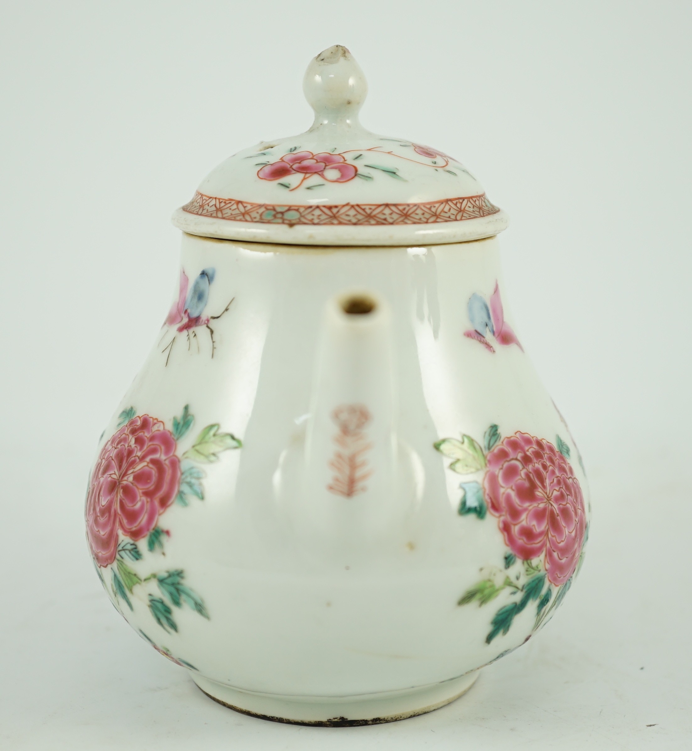 A Chinese famille rose ‘cockerel’ teapot, Yongzheng period, 12 cms high, 11.5cm high
